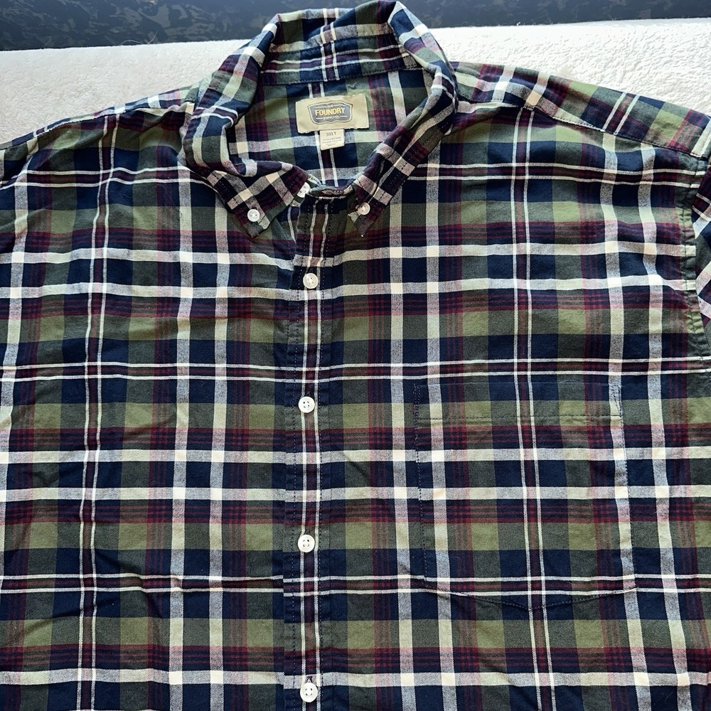The Foundry Supply Co Shirt Mens 3XLT Green Blue Plaid Button Down Long Sleeve
